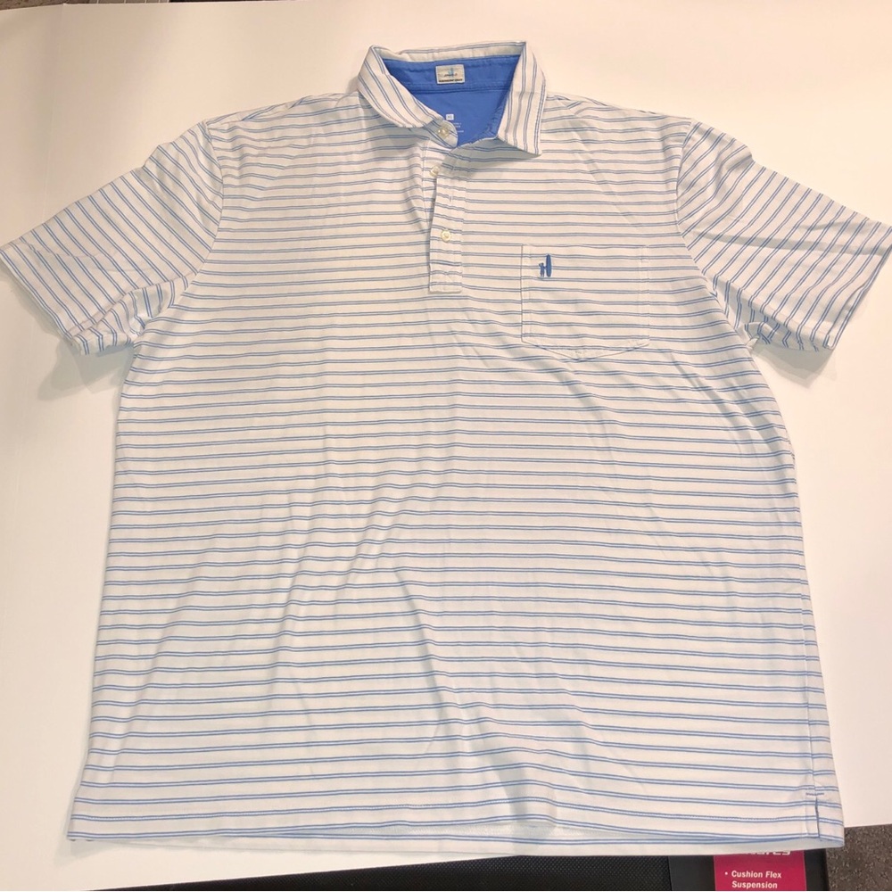 Johnnie-O Original Pocket Polo Shirt Mens XL White/Blue Striped. EUC